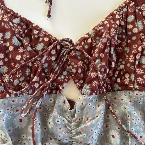 Free People Tessa Storm Combo Boho Floral Print Ruched Mini Dress Size Medium - Picture 3 of 10